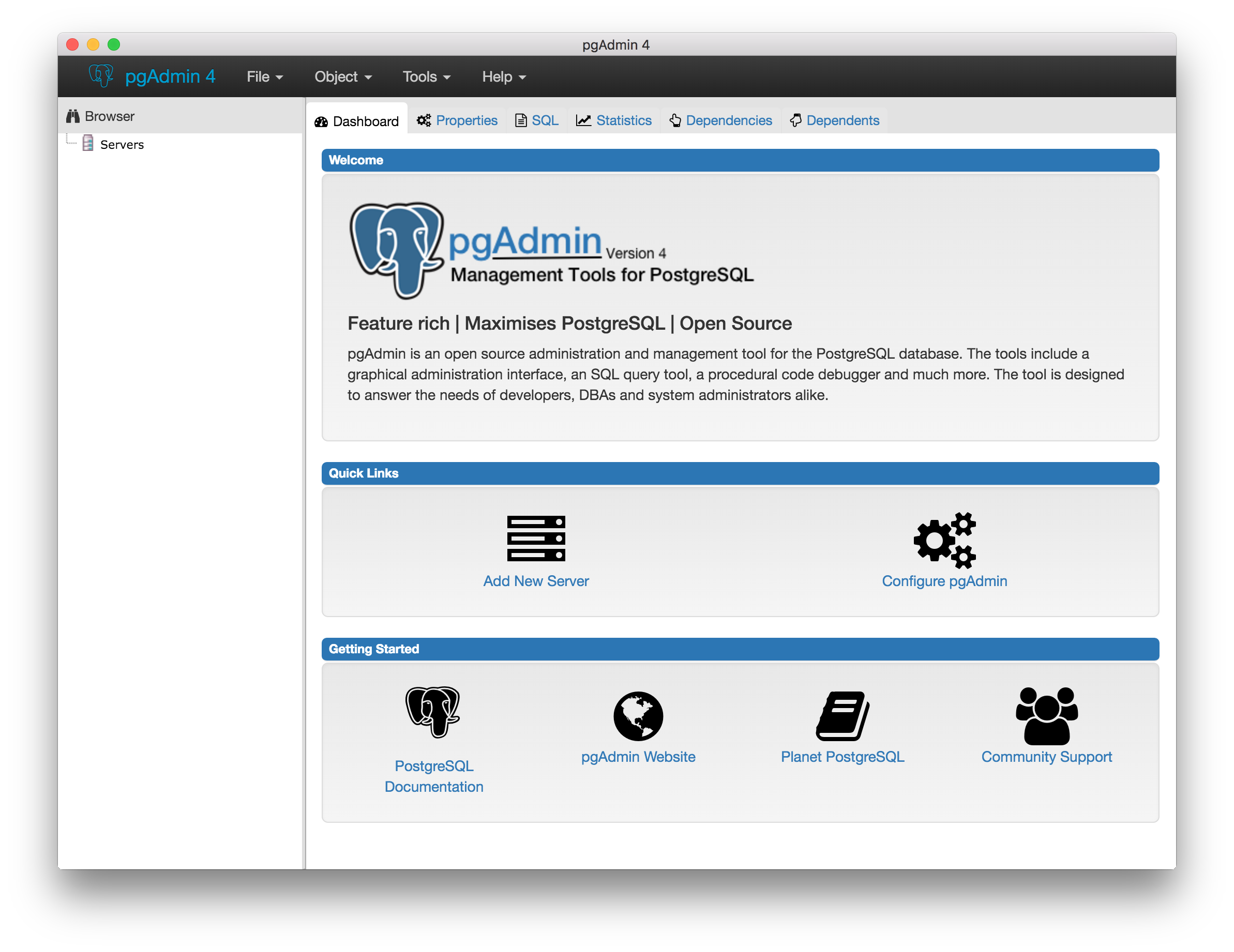 pgAdmin 4 Welcome UI